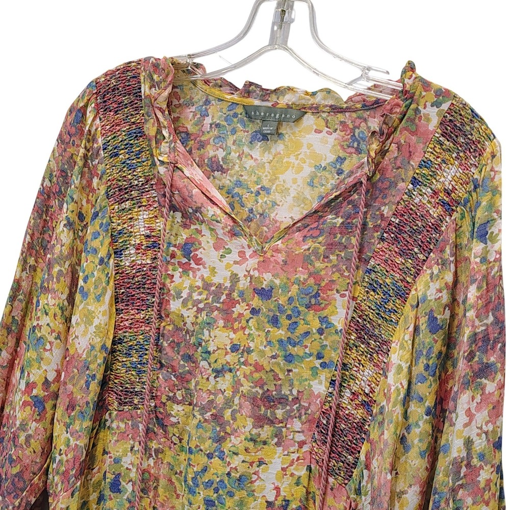 Sharagano Floral Print Smocked V Neck Peasant Tunic Blouse Top‎ Women's Size L